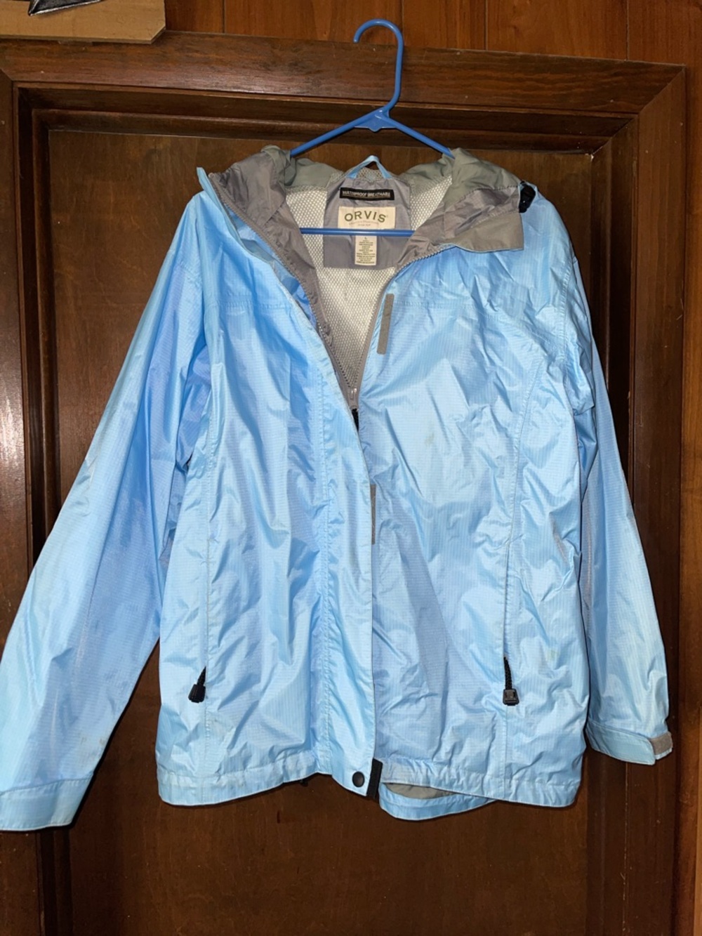 Orvis Sky Blue Hooded Waterproof Jacket with Gray Trim